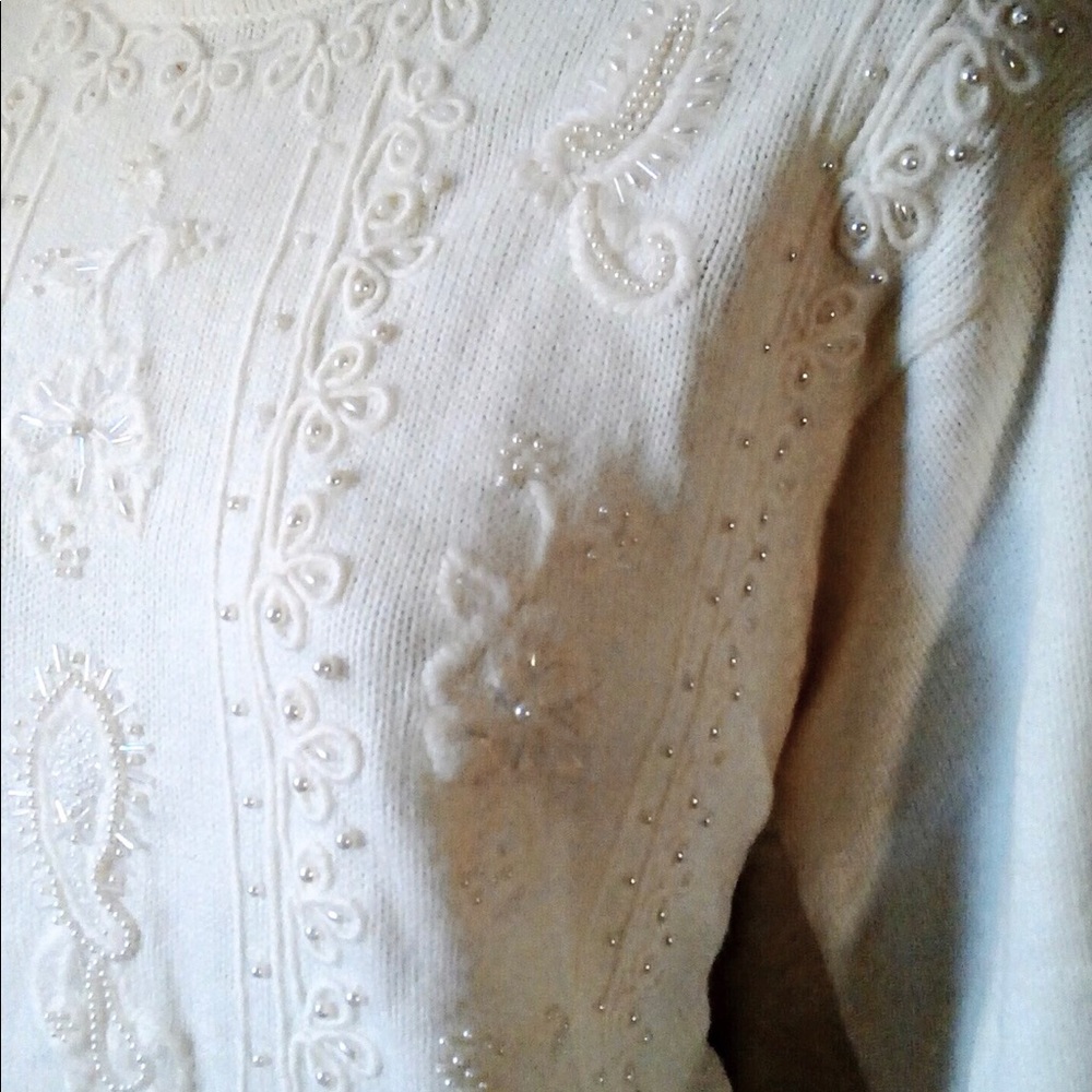 Cream colored floral long sleeve beaded sweater